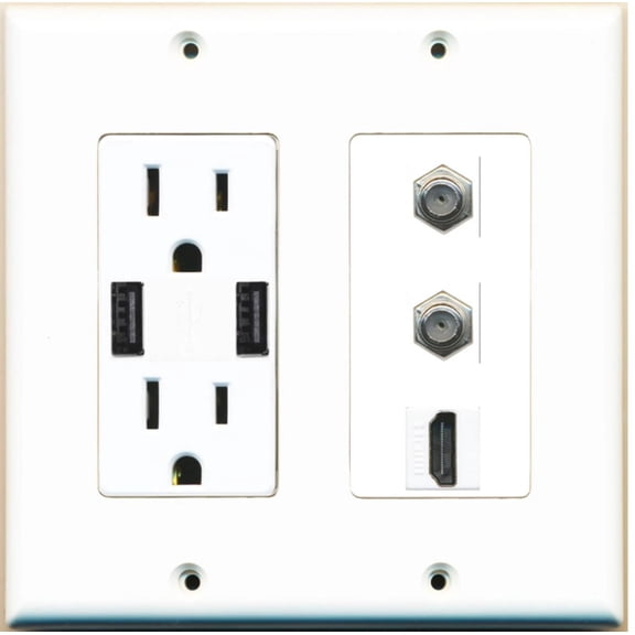 Ultra Spec Cables 2 Port Coax Cable TV HDMI Wall Plate w/2 USB Charger Power Outlet