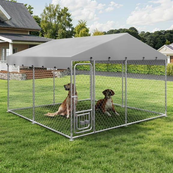 Uforic 10'x10' Large Outdoor Dog Kennel with Rotating Feeder Bowls, Outdoor Dog Enclosure with Roof, Heavy Duty Dog Kennel for Backyard Farm