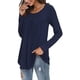 thumbnail image 2 of Blusa de manga larga para mujer, cuello redondo, con volantes, color puro, transpirable, elástico, para mujer, top suelto para el trabajo diario, fiesta, citas, azul marino S, 2 of 5