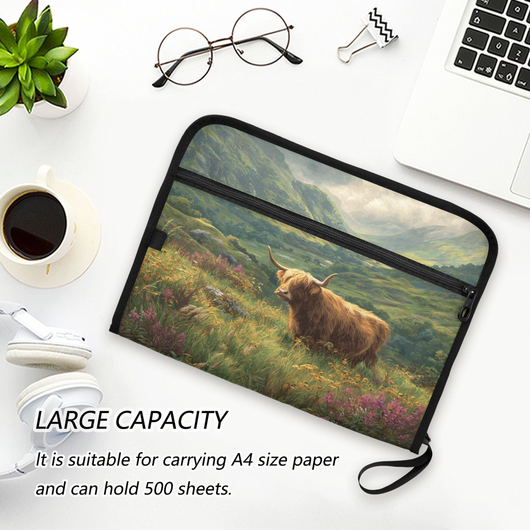 Accordion File Organizer with Zip Closure 13 Pockets Expanding File Folder Letter A4 Paper Document Organizer for Home Office Cow in Green Rolling Hills