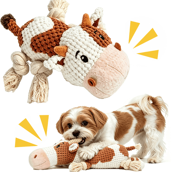Durable Indestructible Squeaky Cow Dog Toy for Aggressive Chewers – Heavy Duty Tough Plush with Rope, Large Breed