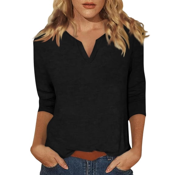 Dyfzdhu Long Sleeve T-shirt For Women 3/4 Sleeve Tops For Notched V Neck Plain T Shirts Casual Cute Three Quarter Length Blouses Casual Top