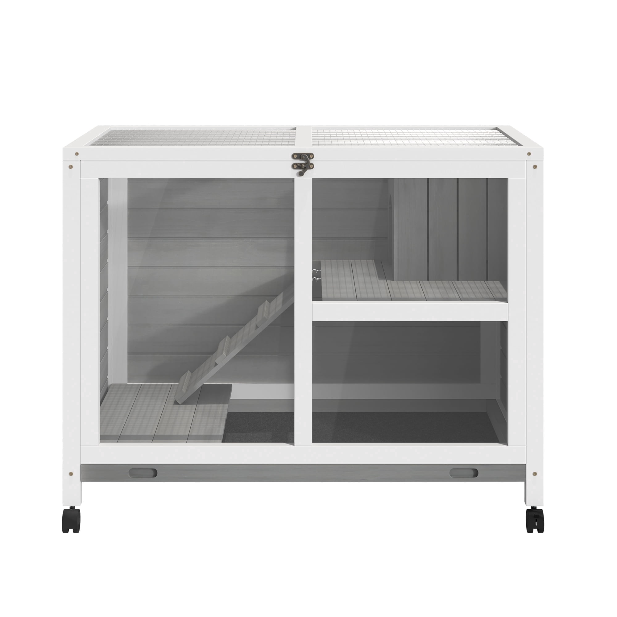 SAYGOGO 36" Gray & White 2-Story Compact Rabbit Hutch with Wheels, Plexiglass Front, Waterproof Easy Clean No-Leak Tray, Eco-Friendly Paint, for 1 Rabbit or 2 Dwarf Rabbits