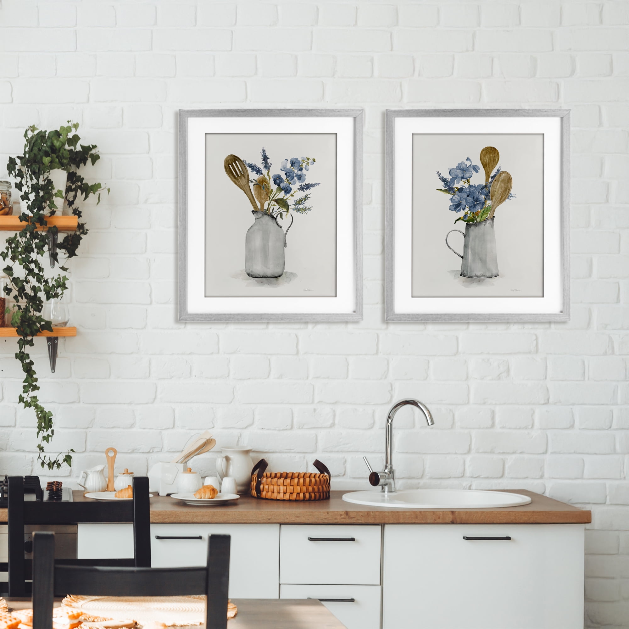 Stupell Industries Kitchen Pitcher Bouquets 2 Piece Gray Framed Print Under Glass Set, design by Carol Robinson