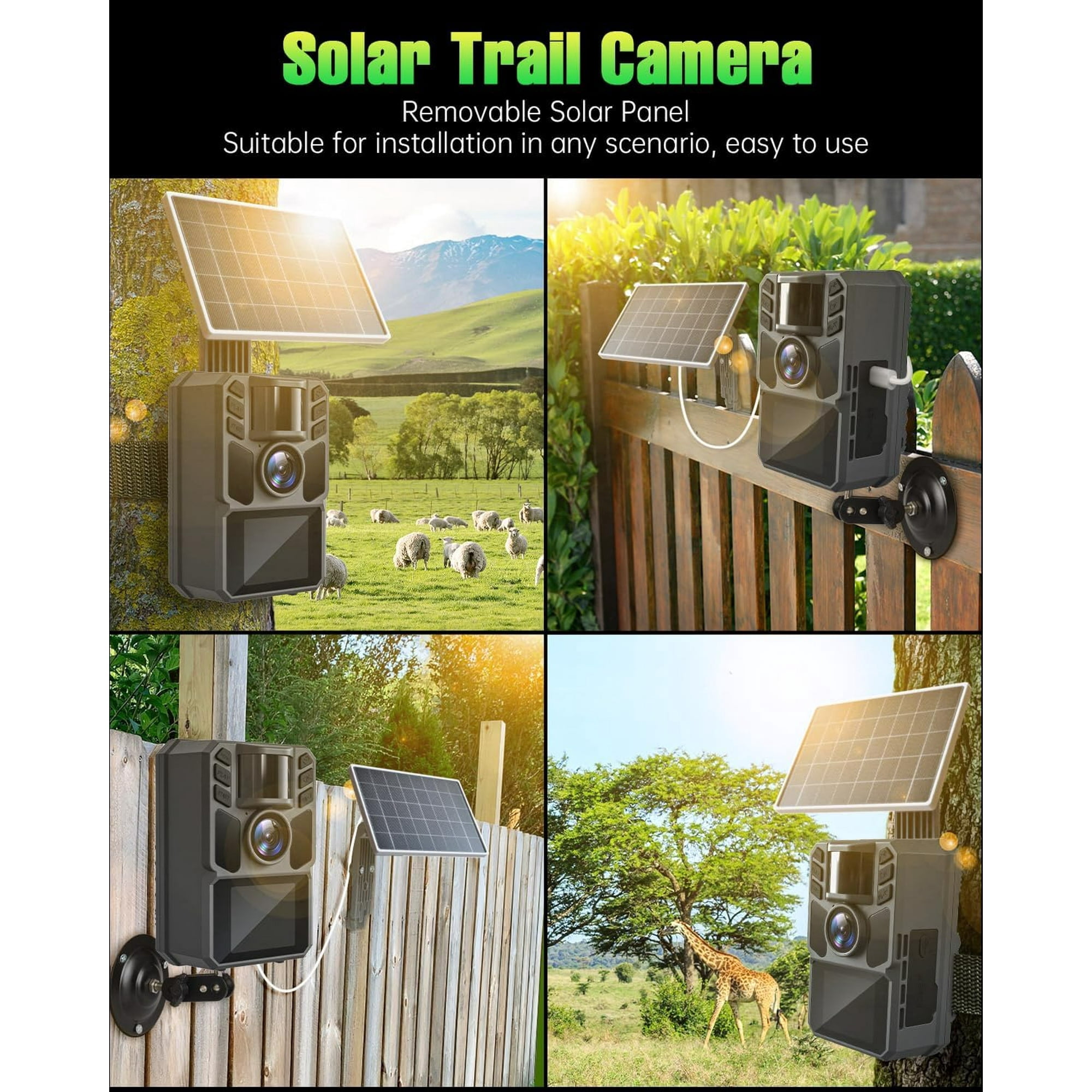 Trail Camera Solar Trail Cam - 4K 64MP Trail Cameras with Night Vision, IP67 Waterproof Camera for Deer Wildlife Monitoring Hunting with 64GB Memory Card