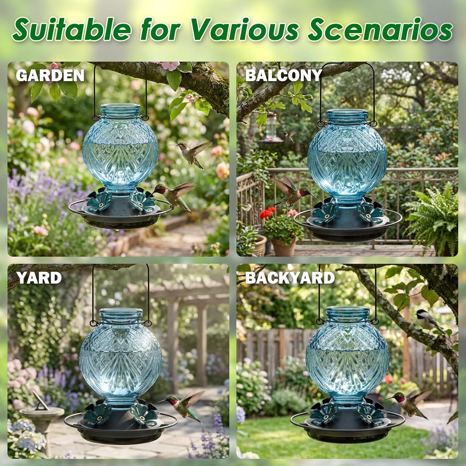 Glass Hummingbird Feeder for Outdoors Hanging, 20oz Bird Nectar Feeder with 4 Bee Guard Flower-Shaped Ports & Built-in Ant Moat, Easy to Clean, for Bird Lover,1 Pack, Blue