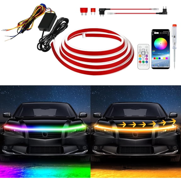 Exterior Car LED Hood Light Strip,RGB Multicolor Dynamic Scan Start Up Hoodbeam Kit with App & Remote Control,12V Updated Waterproof Hood Glow Lights for Cars, Trucks,SUV(47 inch)