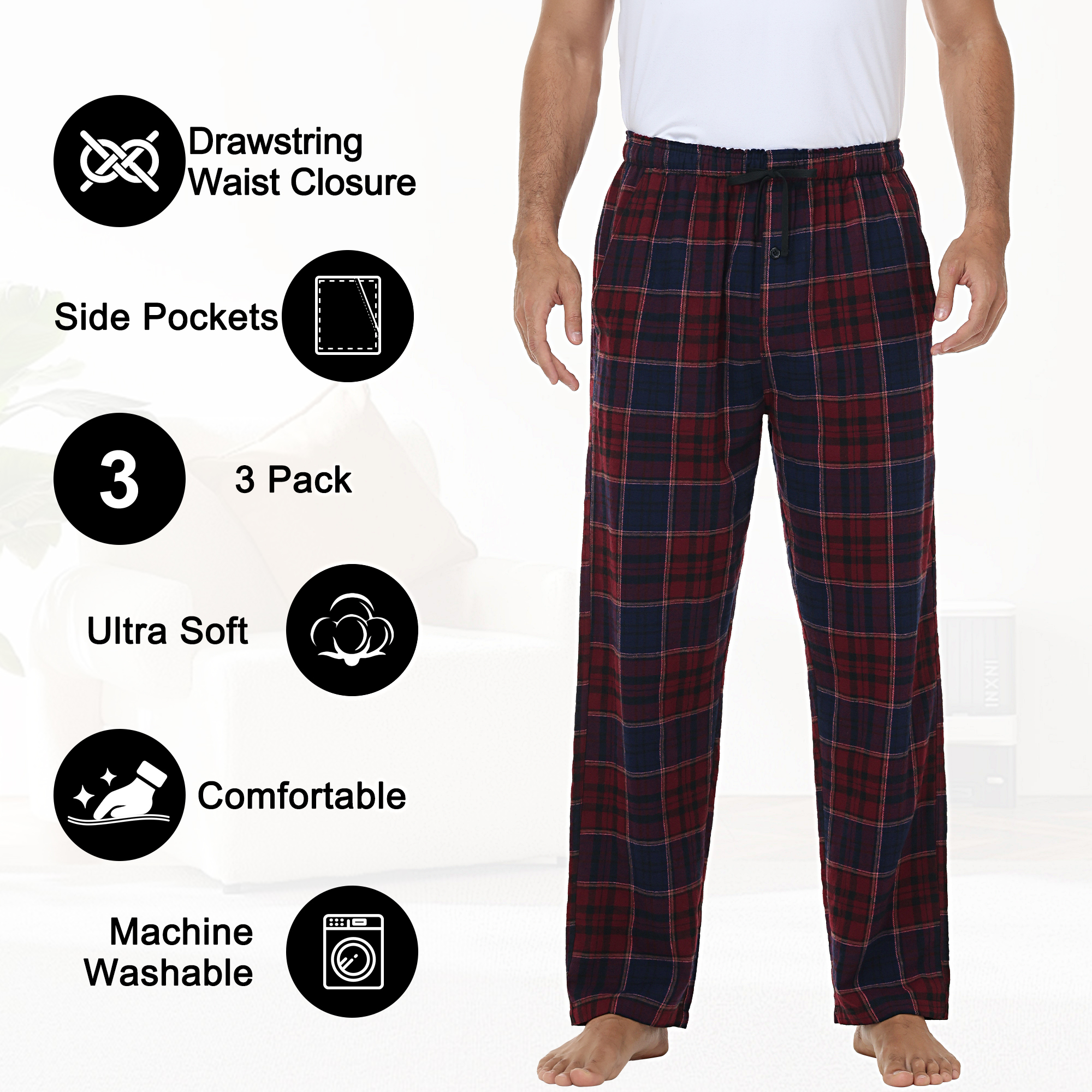 Xidunhg Men's Flannel Plaid Pajama Pants, 3-Pack photo 2