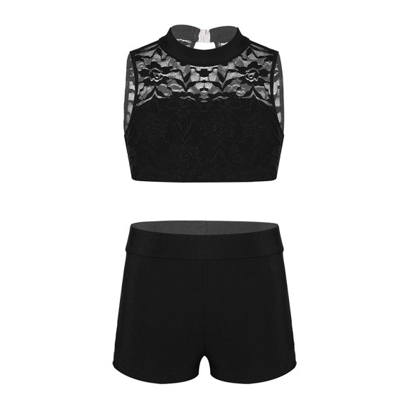 DPOIS Kids Girls Ballet Dance Set Sleeveless Crop Top with Bottoms Black 10