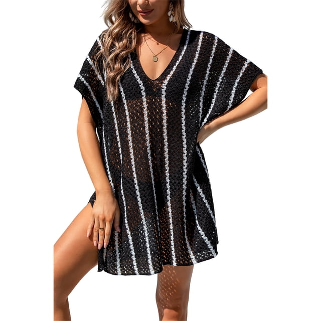 Tignapoo 2024 Summer Openwork Knit Beach Cover-Up Dress with Bikini, Loose Fit, Color Block, Black