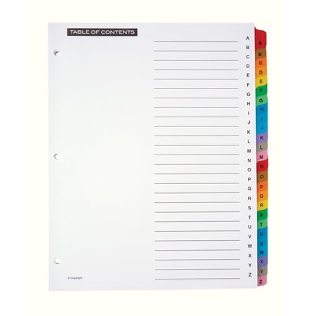 Office Depot Table Of Contents Customizable Index With Preprinted Tabs, Assorted Colors, A-Z, 14706