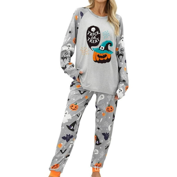 XIAONU Womens Pajama Sets Fun Letter Pumpkin Printed Halloween Pleasure Loungewear Set Baggy Long Pants And Long Sleeve Pullover Pajamas