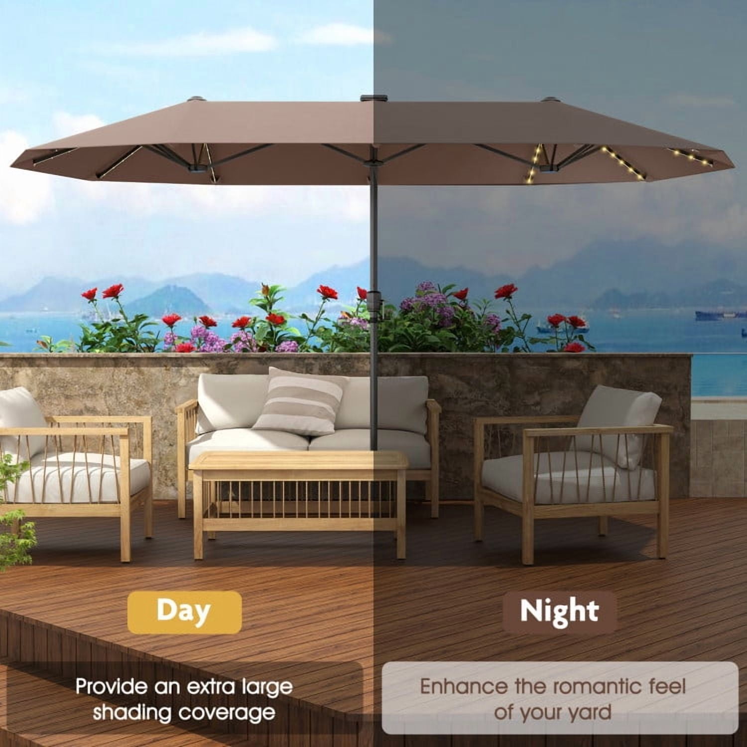 GVN Outdoor Patio Umbrella,Patio Umbrella,13 FT Large Patio Umbrella with LED Solar Lights and Crank Handle-Coffee