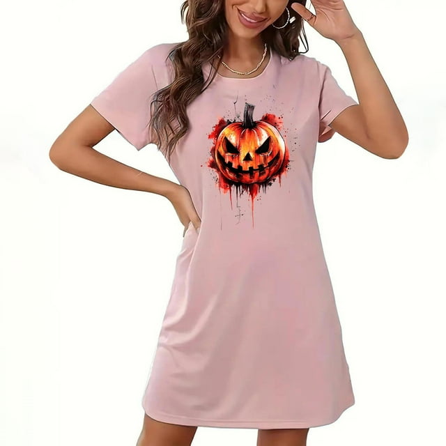Pyjamas d'Halloween pour Femmes, Grande Taille, Robe de Nuit Courte avec Imprimé Poitrine et Col Rond, Tissu Polyester Doux pour un Sommeil Confortable Ou Tenue Décontractée