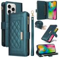thumbnail image 1 of For Iphone 16 Pro Crossbody Zipper Wallet Rhombus Leather Phone Case(Green),iPhone 13 Pro, 1 of 7