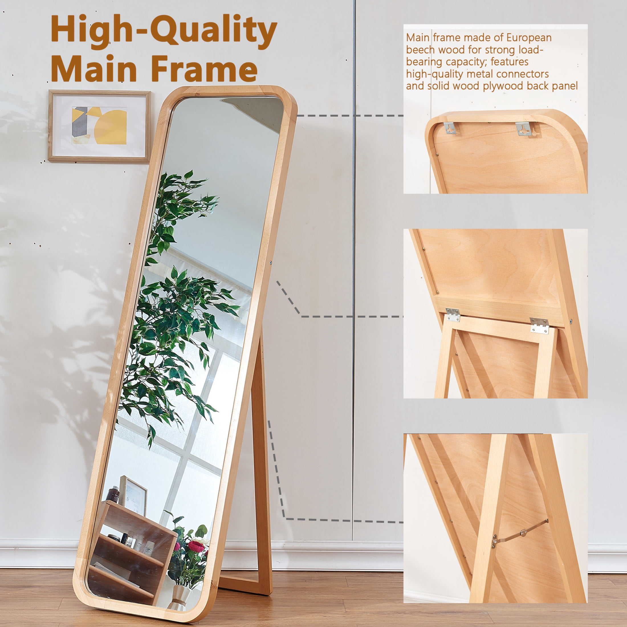 Noble House 63" Full Length Mirror, Solid Beech Wood Frame Freestanding Floor Mirror, Natural