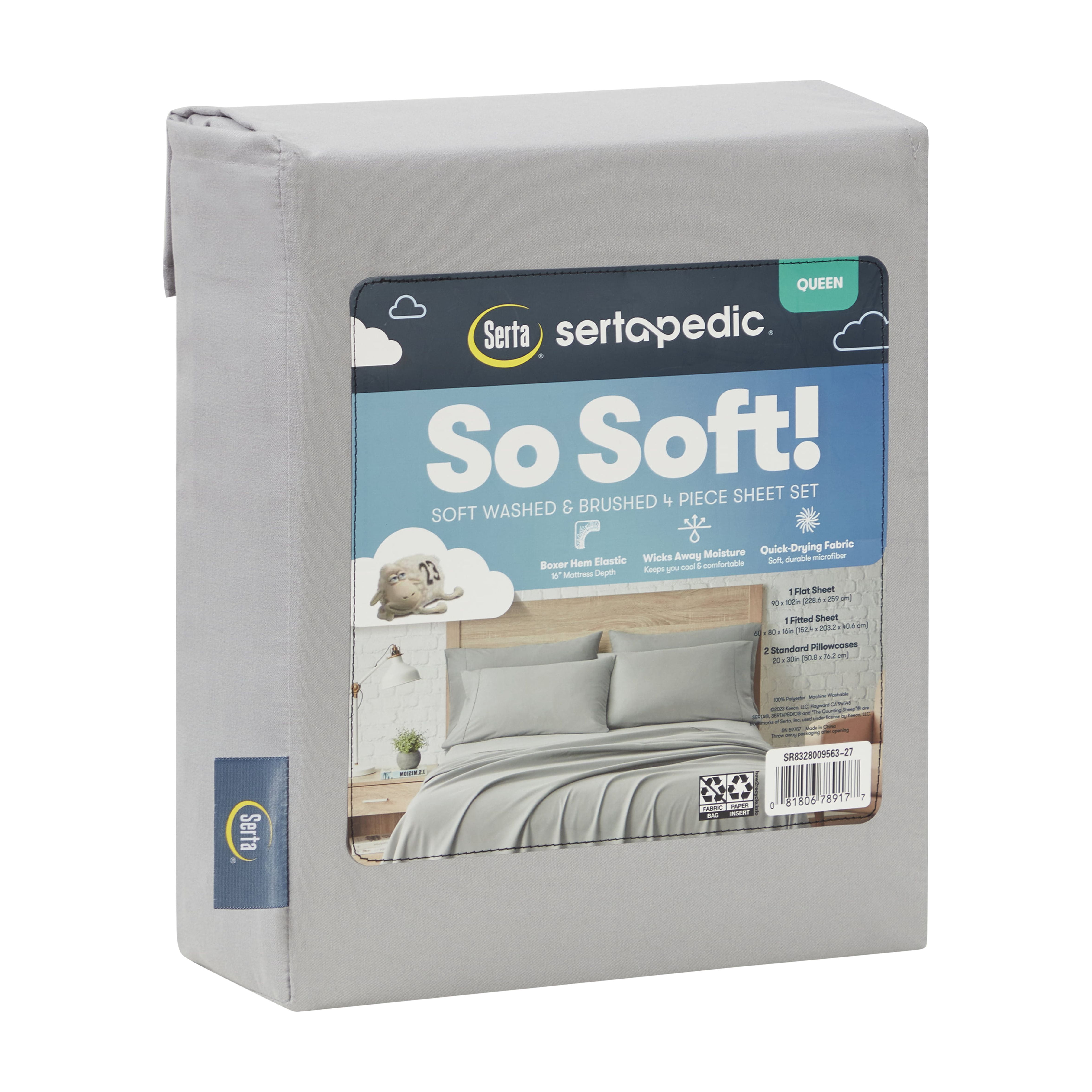 Serta So Soft 3-Piece Light Gray Sheet Set, Twin