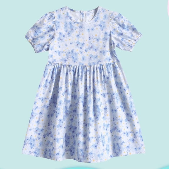 Girls Soft Cotton Blue Floral Print Puff Sleeve A-Line Summer Dress Size 110-120-130-140-150-160-170-180,Size 5-6 T