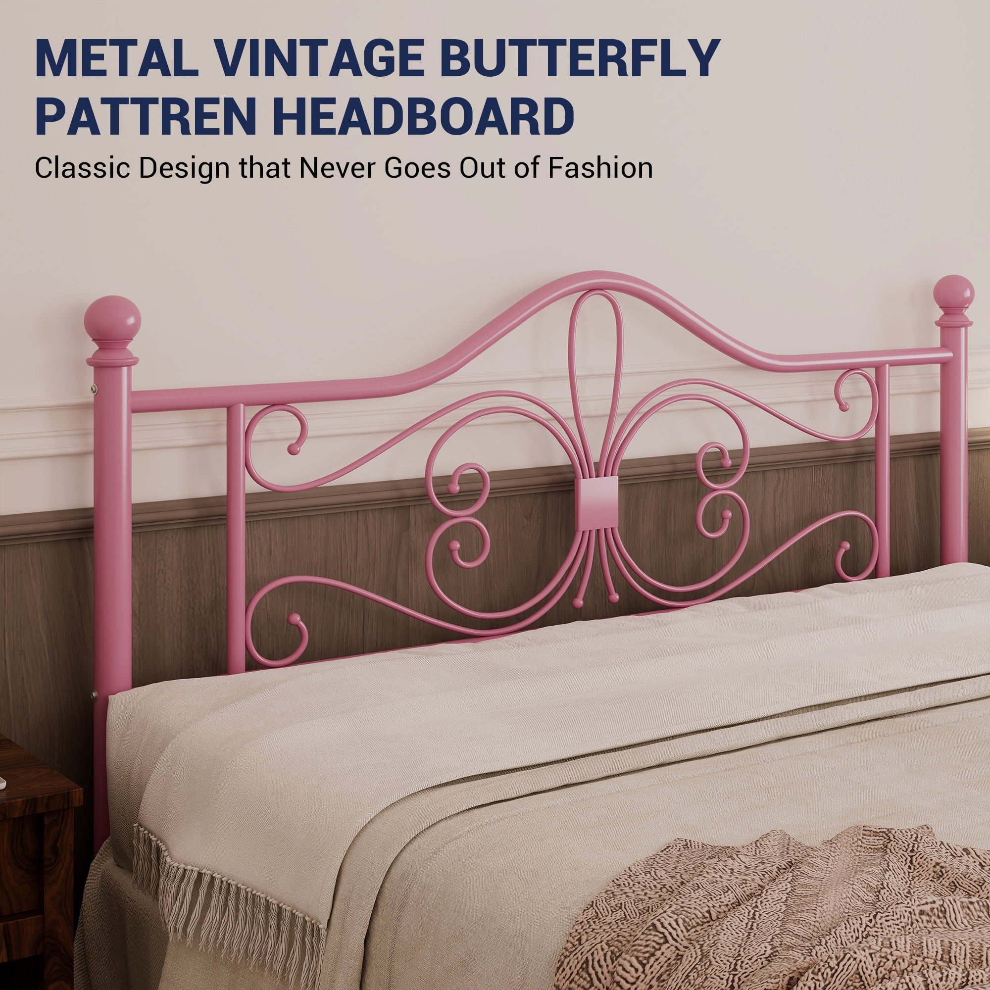 Allewie Full Size Vintage Metal Bed Frame with Butterfly Pattern Design Headboard & Footboard, Pink