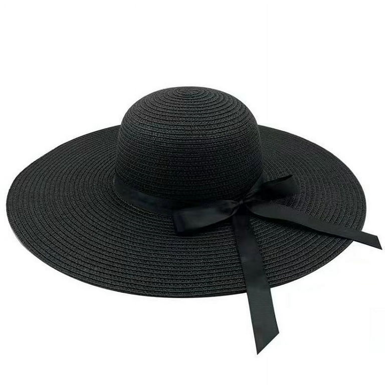 Gustave Womens Beach Sun Straw Hat UPF50+ Travel Foldable Wide Brim Summer  UV Hat Roll up Floppy Hat (Black)