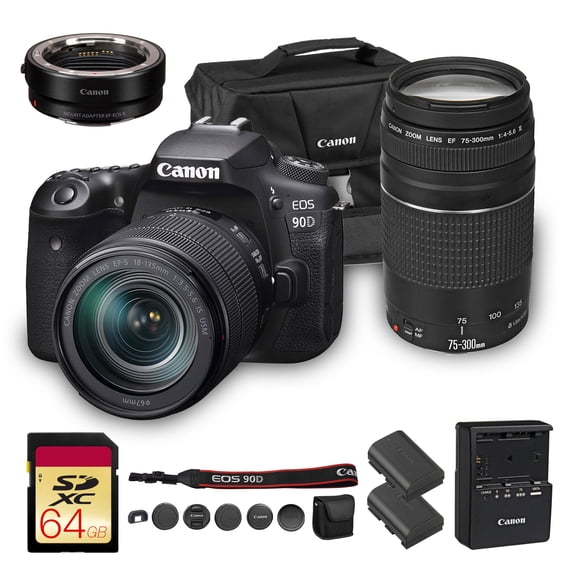 Canon EOS 90D DSLR Camera with 18-135mm Lens | 32.5MP APS-C Sensor, Dual Pixel AF & 4K Video | Wildlife & Sports Photography   Canon EF 75-300mm f/4-5.6 III Lens   Adapter EF-EOS R   LP-E6P   More