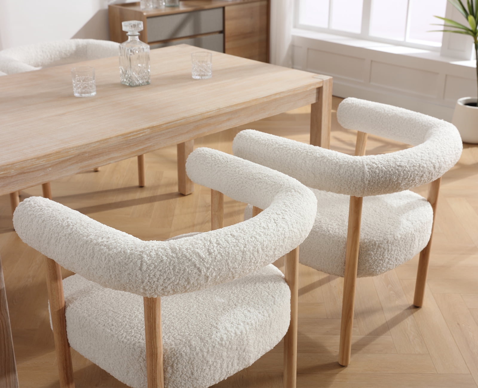 Guyou Modern Barrel Dining Chairs Set of 2, Mid-Century Farmhouse Kitchen Chairs with Curved Back, Wooden Sherpa Upholstered Dining Side Chairs for Dining Room Living Room Kitchen, White