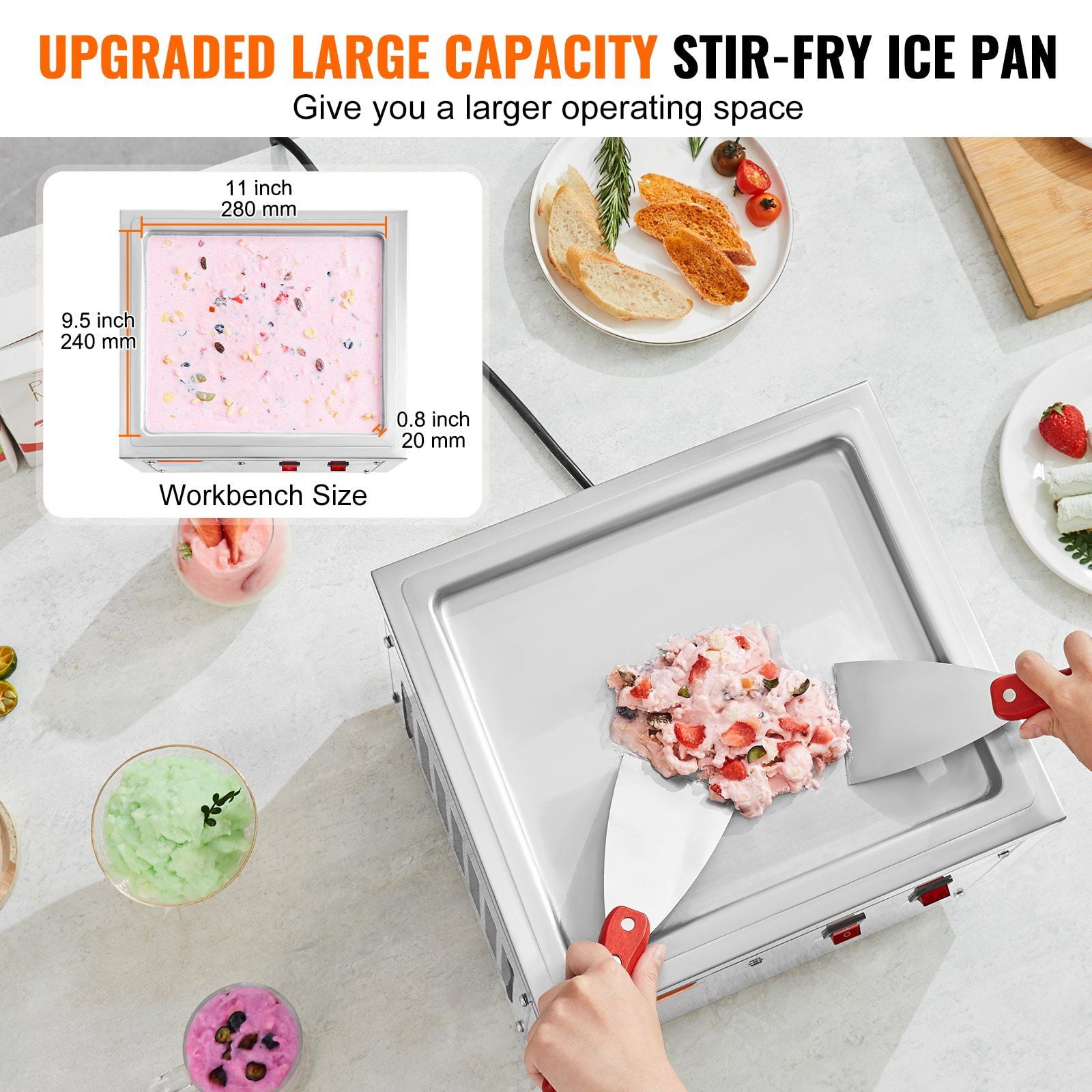 HCY Fried Ice Cream Roll Machine, 11" x 9.5" Stir-Fried Ice Cream Pan, Stainless Steel Rolled Ice Cream Maker with Compressor and 2 Scrapers, for Making Ice Cream, Frozen Yogurt, Ice Cream Rolls
