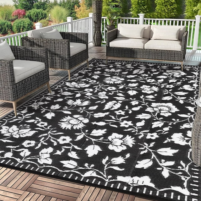 6x9 Black&White Outdoor Rug Waterproof Reversible, Floral Plastic Straw Patio Rug, Foldable Outdoor Area Rug for RV Camping, Picnic, Beach, Balcony, Deck & Garden 6x9 Black&White