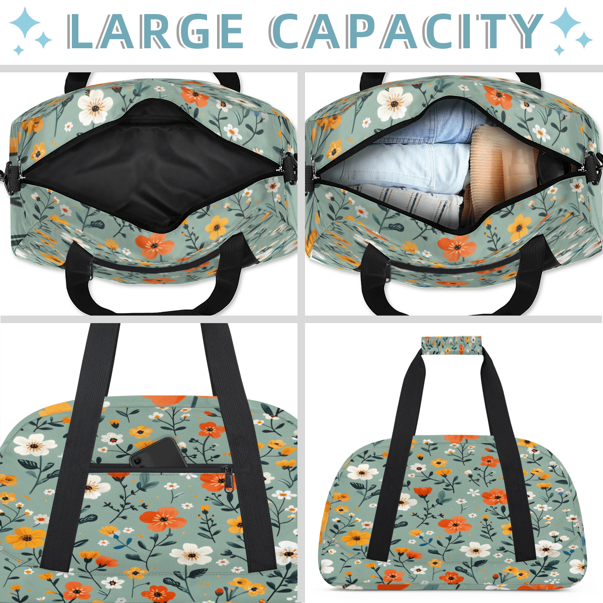 Herdesigns Floral Flower Plant Sports Duffle Bag for Women & Men, Blooming Flowers Gym Bag Dance Bag Overnight Bag Carry On Weekender Travel Bag