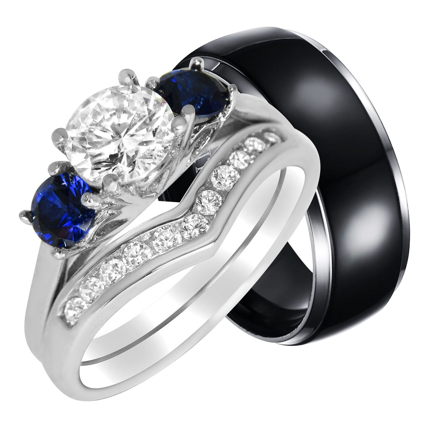 5.5MM Titanium Rings Wedding Bands Set Diamond & Sapphire Simulated Size 6-13 