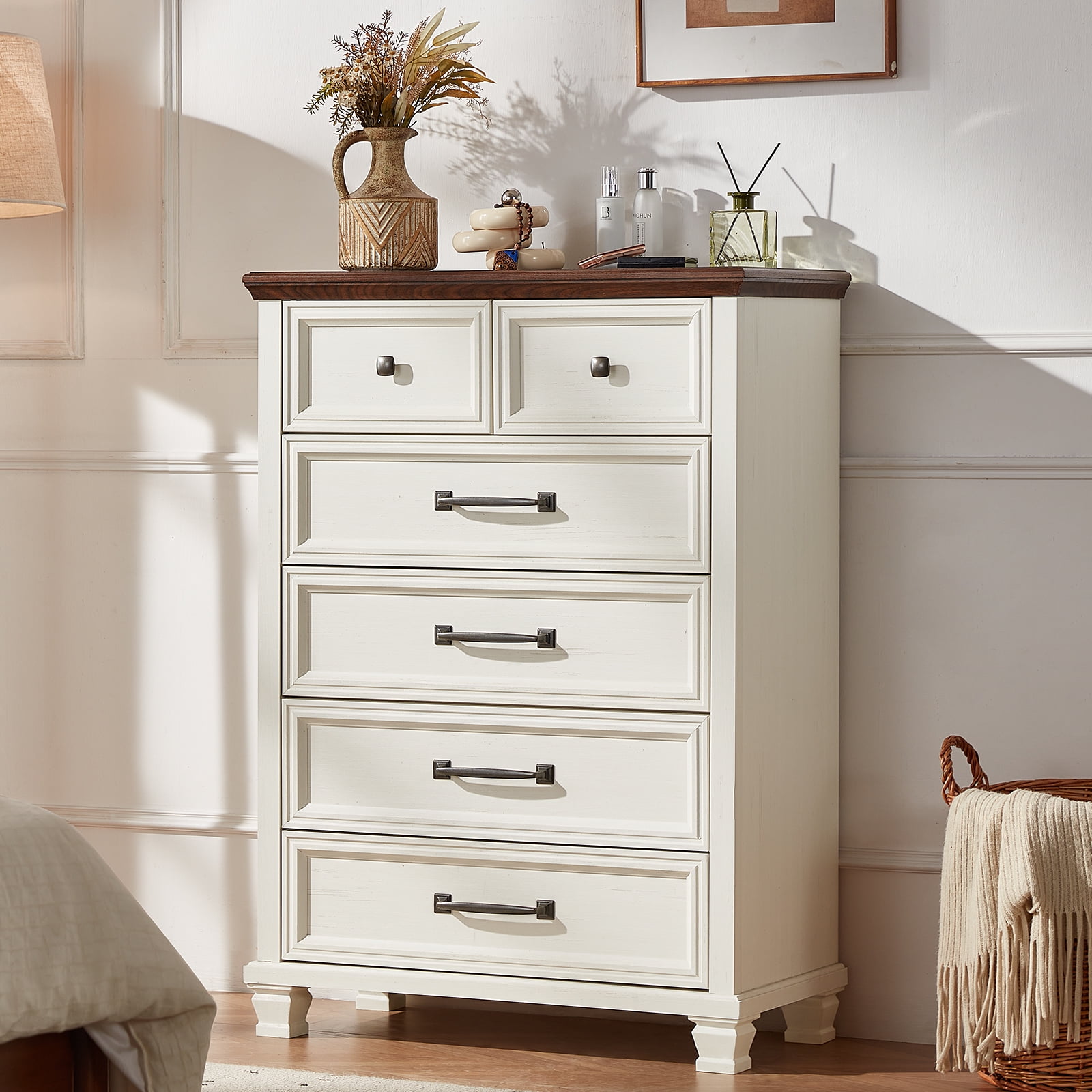 LELELINKY 6 Drawer White Dresser, Wood Storage Cabinet with Easy Pull Out Handles for Living Room,Chest of Drawers for Bedroom
