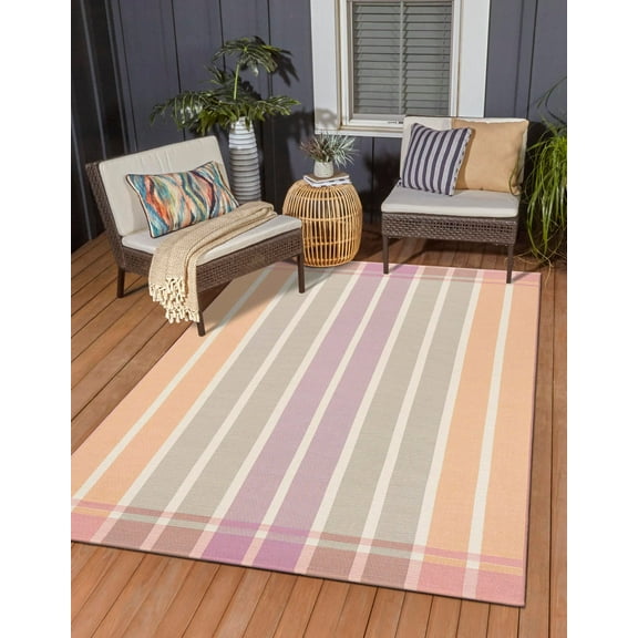 Unique Loom Outdoor Striped Collection Area Rug - Dash (5' 3" x 8' Rectangle Pink and Lavender/Ivory)