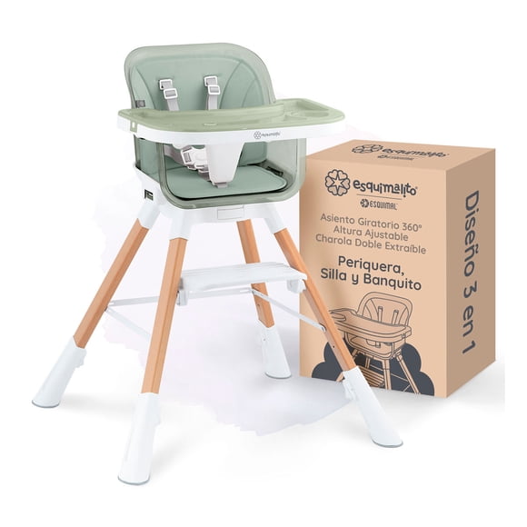 Periquera para Bebé 3 en 1 Esquimal - Silla Alta para Comer, Banquito Altura Ajustable (Verde)