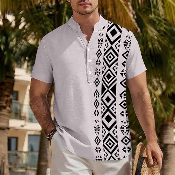 GSPCLAM Mens Casual Graphic Tees V Neck Summer Trendy Lightweight T-Shirts Big and Tall Short Sleeve Half Button Geometric Tribal Pattern Print Breathable Top for Casual Activities Hot Pink XXXXL