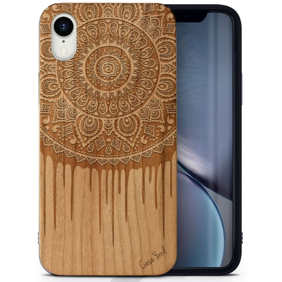 Case Yard Wooden Case Outside Soft TPU Silicone, Slim Fit Shockproof Wood Protective Phone Cover for Girls Boys Men and Women, Supports Wireless Charging Dripping Mandala Design case for iPhone-XR