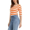 thumbnail image 4 of Camiseta básica de ajuste slim con cuello redondo y mangas de codo para mujeres INSPIRE CHIC, casual, impresa, tamaño S, color naranja y blanco, 4 of 6