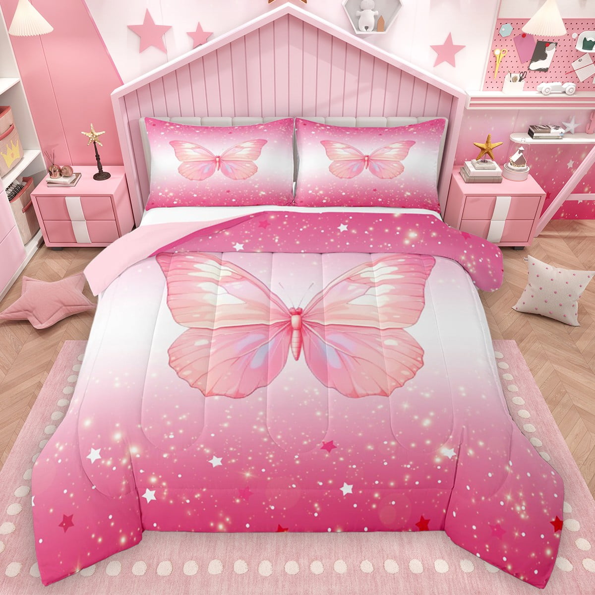 Homewish Flying Butterfly 2pcs Bedding Comforter Set For Children Teens Female Stars Bling Glitter Twin Comforter Sets Gradient Ombre Pink Breathable Bedding Set Microfiber Bedroom Decor Reversible
