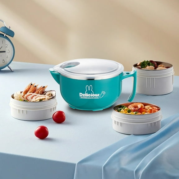 Ramen Bowl, Double Wall Stainless Steel Rapid Noodle Cooker with Drains, Lid, Handle, Mobile Phone Holder, Only with Hot Water, Ramen Soup Bowl for Office College Dorm Room