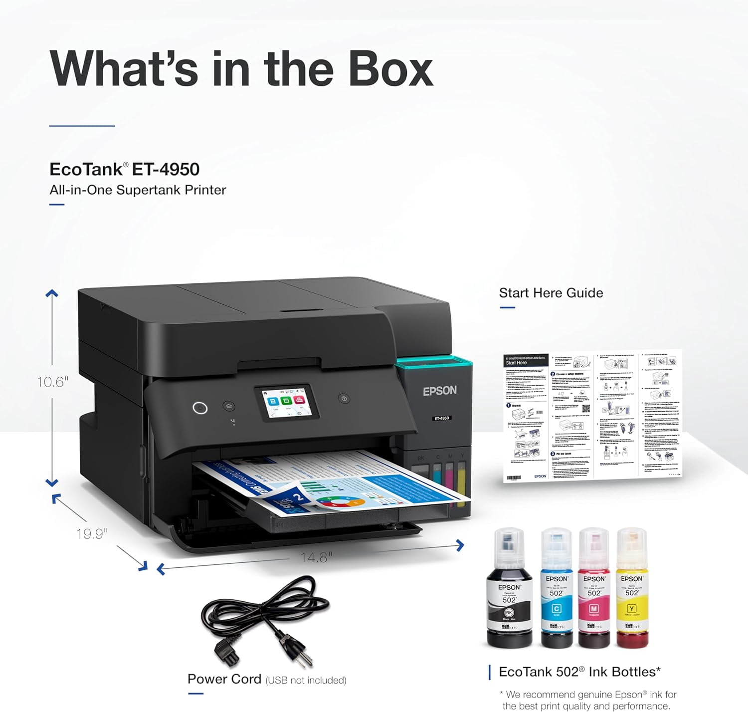 Epson EcoTank ET-4950 Wireless All-in-One Color Supertank Printer, 18 PPM, 2.4" Colorful Touchscreen, Auto Document Feeder - Black (Sold without manufacturer warranty)
