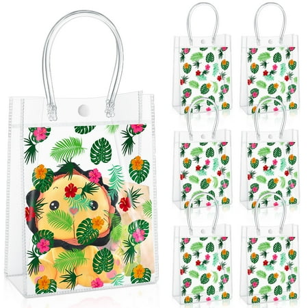 Saypacck 24 Pcs PriNst Hawaiian Clear Gift Bags Luau Party Summer Tropical Bags with Handle Luau Treat Palm Leaf Candy for Summer Tropical Aloha Festival Luau Holiday Party Supplies Favor