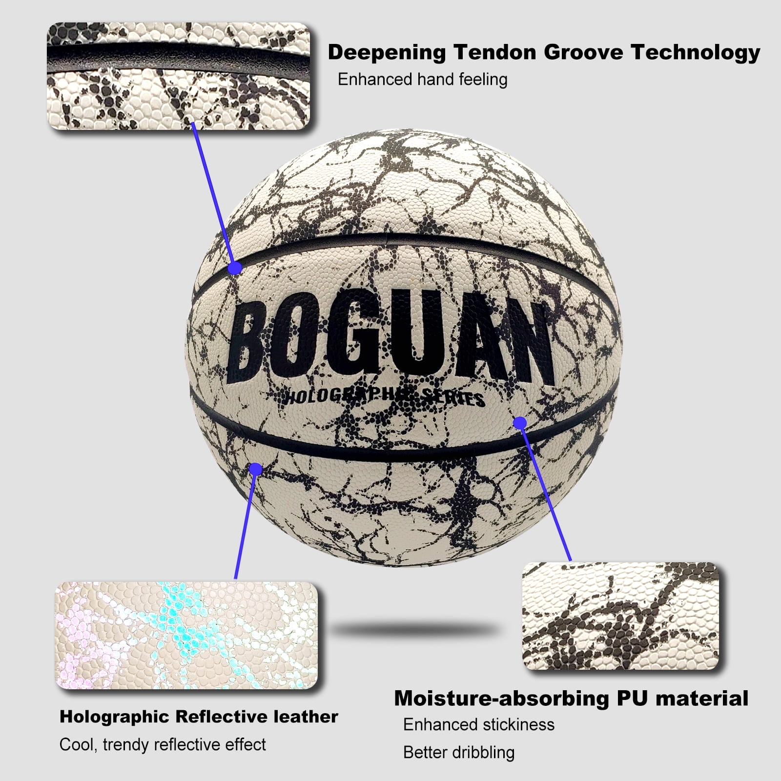 Holographic Basketball Official Size 7- Extra Pump and Net - Glow in The Dark Ball - Reflective Glowing PU Leather-Indoor and Outdoor Training Ball-Perfect Gifts for Men,Women,Teen Kids,Boys & Girls