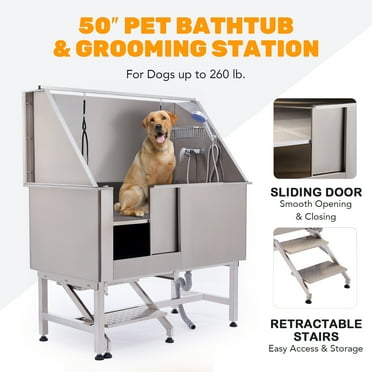 Bestco 50”  Dog Washing Station for Home Pet Store Grooming Salon, Dog Bathtub with Stairs Sliding Door Shower Faucet Accessories Basket Leash More