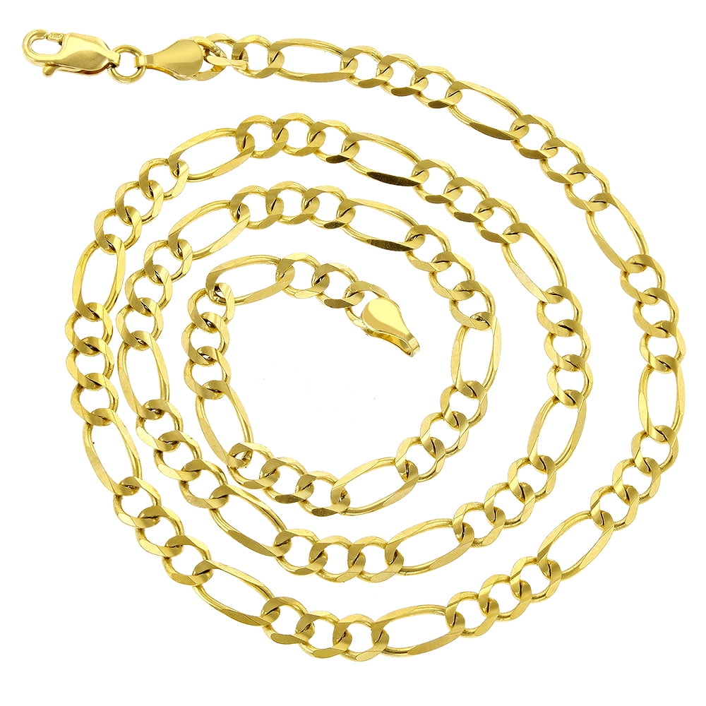 10K 24 Yellow Solid Gold 4mm Diamond Cut Figaro Chain Link Necklace with Lobster Clasp