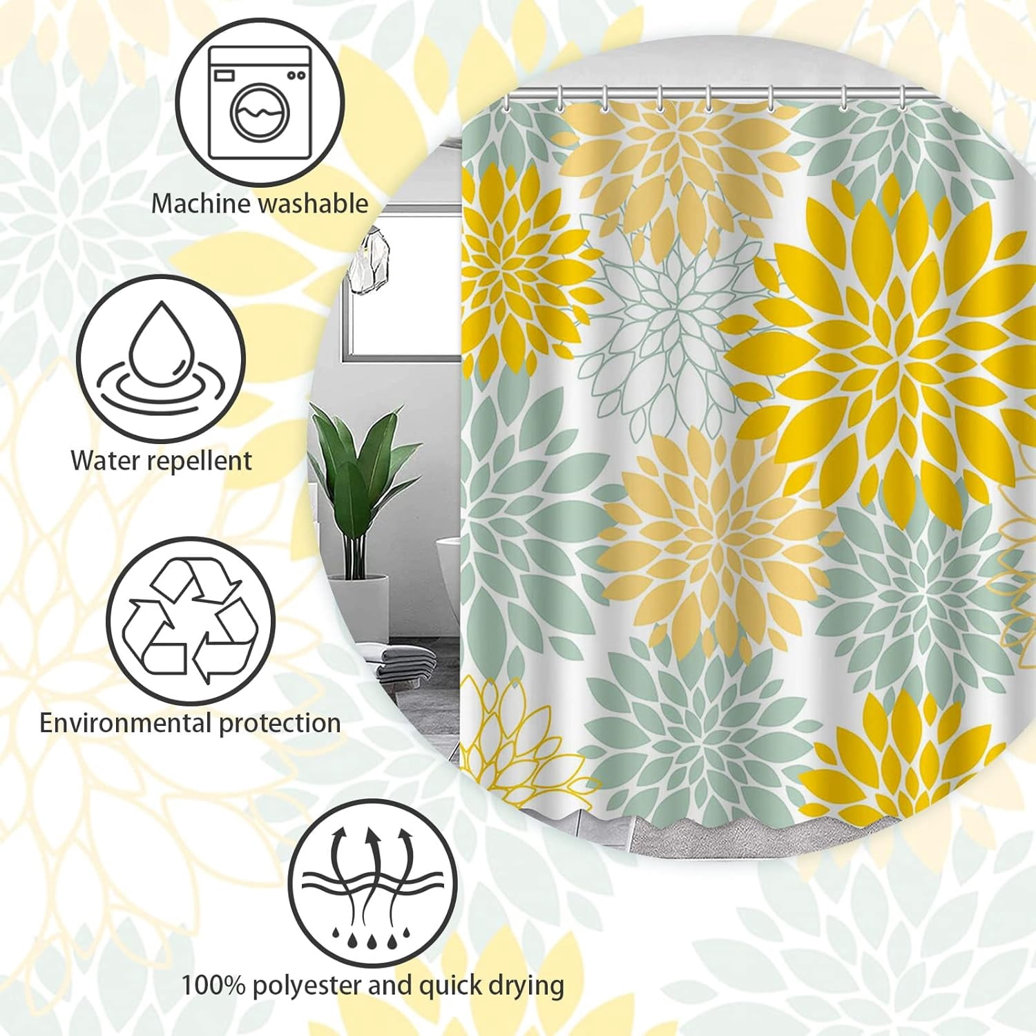 Yellow Flower Shower Curtain Dahlia Shower Curtain for Bathroom Sage Green Floral Shower Curtain Pinnata Wildflower Washable Waterproof Fabric Hotels Bathroom Decor with 12 Hooks 72" X 72"