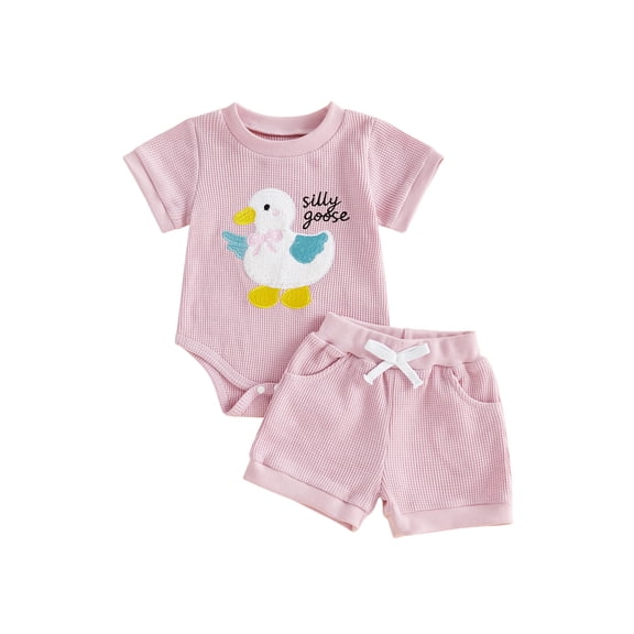 BemeyourBBs Newborn Baby Girl Silly Goose Outfit Infant Baby Girls Summer 2 Piece Outfits Goose Embroidery Short Sleeve Waffled Romper Tops and Solid Pockets Shorts Clothes Set