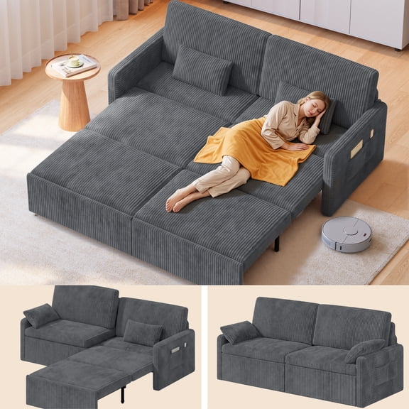 78"W 6 in 1 Convertible Sofa Bed, Lofka Big Corduroy Sleeper Pull Out Couch with 23.6" Extra Deep Seat, 600 lbs Heavy Duty Metal Frame, Dark Gray