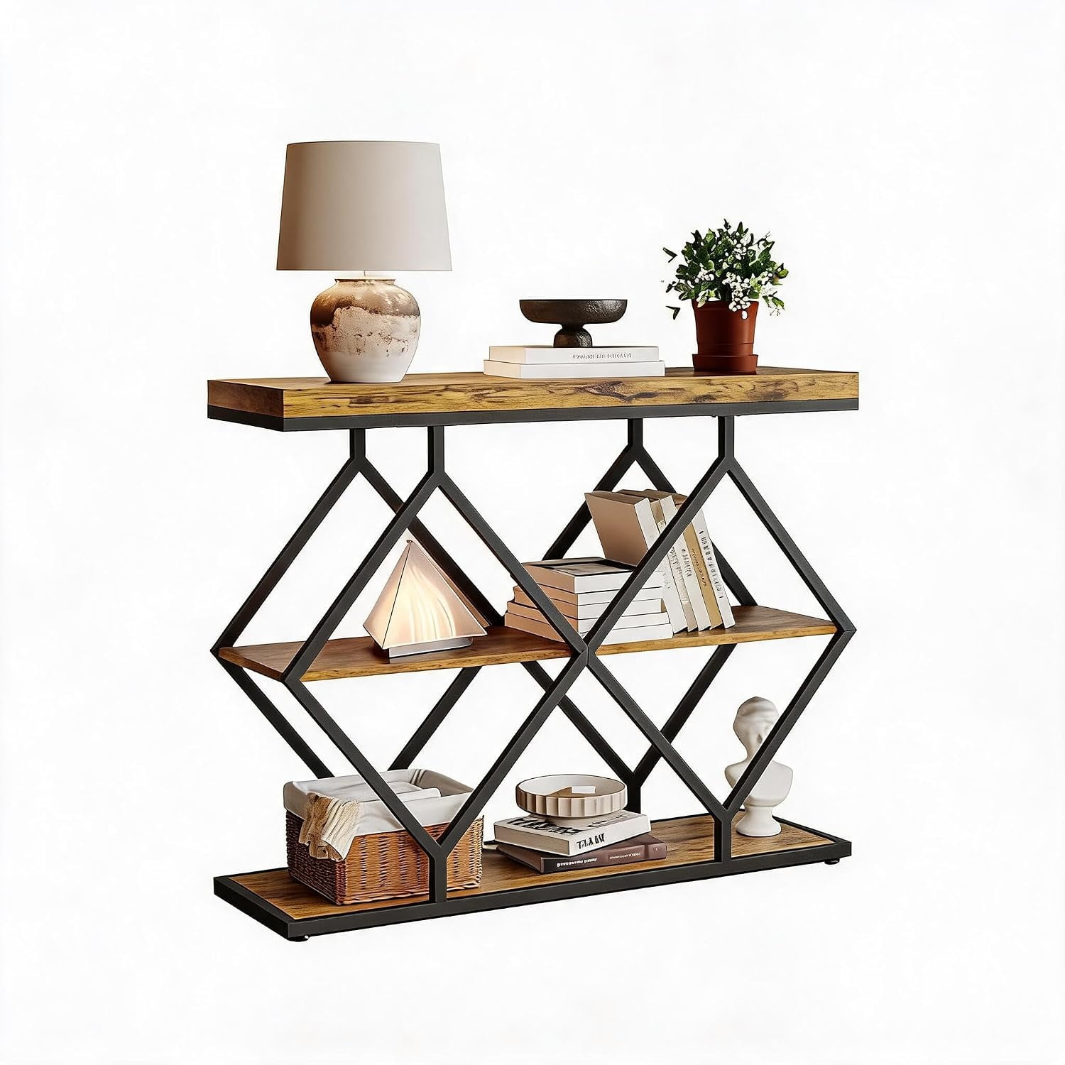 Industrial Console Table with Diamond Metal Frame and 3-Tier Storage Shelves Narrow Entryway Sofa Table for Living Room Hallway and Foyer Brown Wood Grain