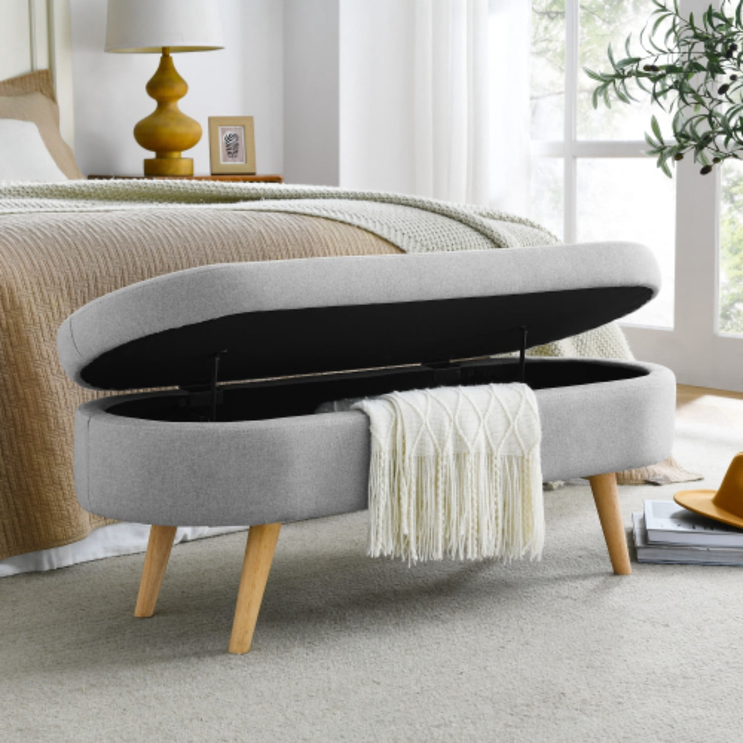 44" Oval Storage Ottoman Bench with Hidden Storage, Upholstered Fabric Ottoman Bench with Rubber Wood Legs for Bedroom, Entryway, Living Room, Grey