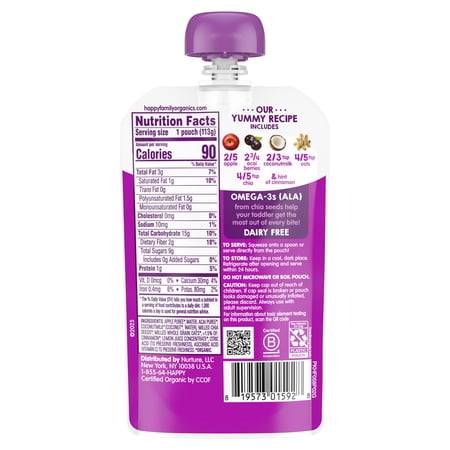 HAPPY TOT, STAGE 4 BABY FOOD, APPLES, ACAI, COCONUTMILK OAT, CINNAMON & CHIA, 4 OZ POUCH