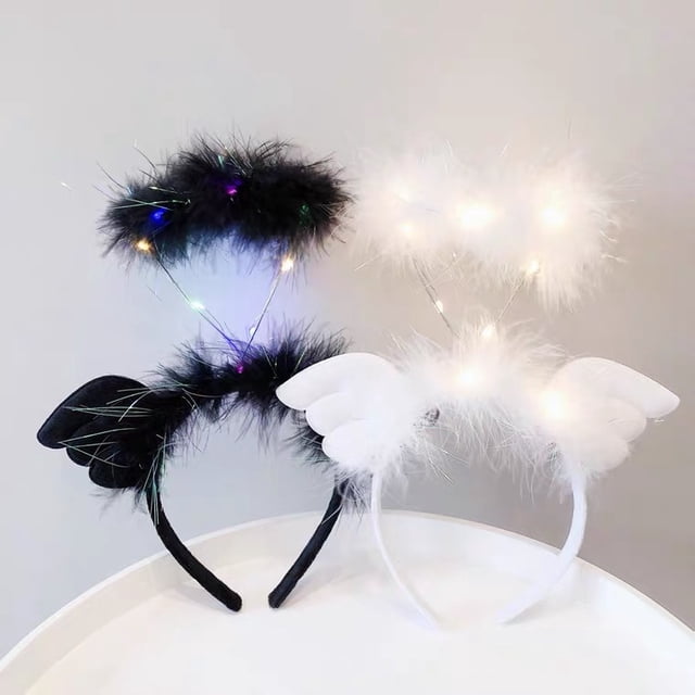 Paquete de 2 diademas de ángel con halo de luz LED, diadema de plumas, diadema de ángel con halo para Navidad, disfraces de ángel con luz LED